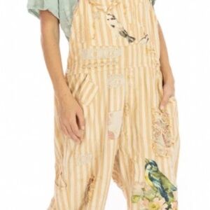 Striped Overalls with Bird and Floral Print